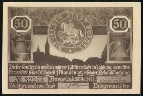 Notgeld Bürgel /Th. 1921, 50 Pfennig, Man teilt das Wild mit viel Geschick, Nach Jena kommt ein Hinterstück