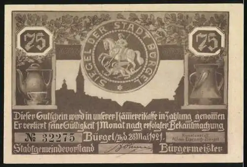 Notgeld Bürgel /Th. 1921, 75 Pfennig, Im Rathaus gabs gross Schmauserei, Stadtpfeifer spielten auf dabei