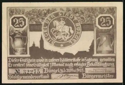 Notgeld Bürgel /Th. 1921, 25 Pfennig, Heraus ihr Bürger auf den Platz, heut gibt es eine Hirschenhatz!