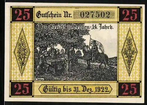 Notgeld Bergen an der Dumme 1922, 25 Pfennig, Das Gericht zu Bergen im 14. Jahrhundert