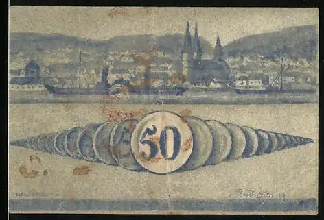 Notgeld Boppard 1920, 50 Pfennig, Teilansicht mit Kirche, Münzen