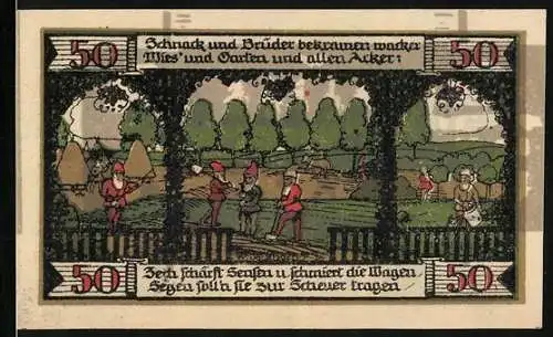 Notgeld Ballenstedt 1921, 50 Pfennig, Zwerge bestellen den Acker