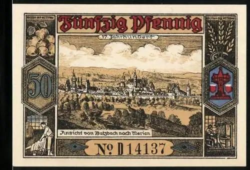Notgeld Butzbach 1921, 50 Pfennig, Teilansicht mit Kirche nach Merian, Wappen