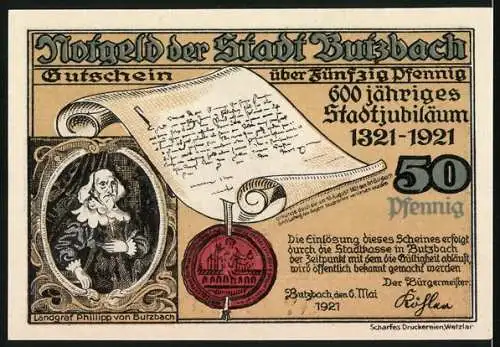 Notgeld Butzbach 1921, 50 Pfennig, Teilansicht mit Kirche nach Merian, Wappen