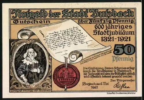 Notgeld Butzbach 1921, 50 Pfennig, Landgräfliche Rechnei, Wappen