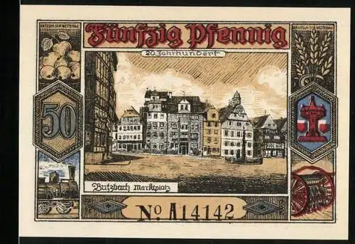Notgeld Butzbach 1921, 50 Pfennig, Marktplatz mit Denkmal, Wappen
