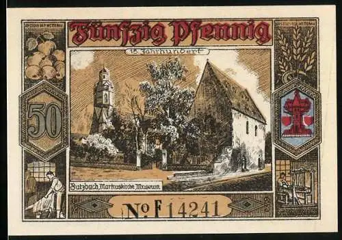 Notgeld Butzbach 1921, 50 Pfennig, Markuskirche und Museum, Wappen