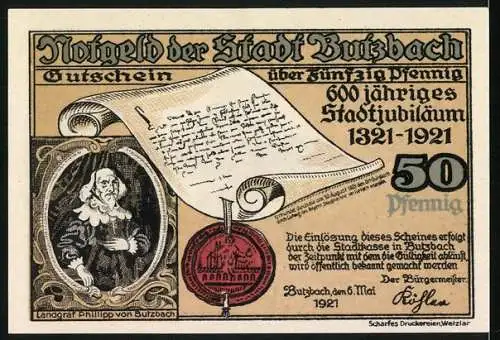 Notgeld Butzbach 1921, 50 Pfennig, Solmser Schloss Amtsgericht, Wappen