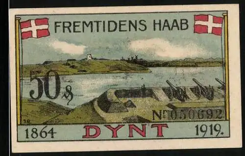 Notgeld Dynt 1919, 50 Pfennig, Panorama vom Wasser aus, Wehranlagen, Dänische Flagge