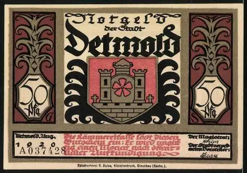 Notgeld Detmold 1920, 50 Pfennig, Wappen, Hermannsdenkmal, Waffen