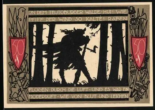 Notgeld Detmold 1920, 50 Pfennig, Wappen, Germane im Teutoburger Wald, Waffen