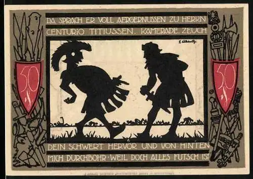 Notgeld Detmold 1920, 50 Pfennig, Wappen, Römischer Feldherr verlangt den Freitod, Waffen
