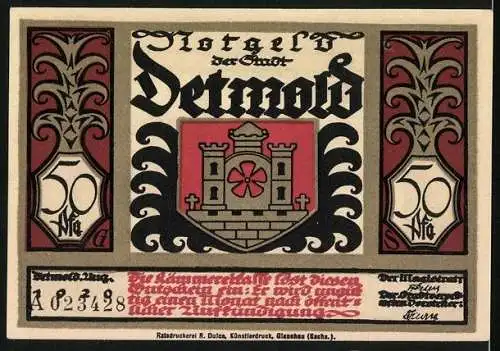 Notgeld Detmold 1920, 50 Pfennig, Wappen, Römischer Feldherr verlangt den Freitod, Waffen