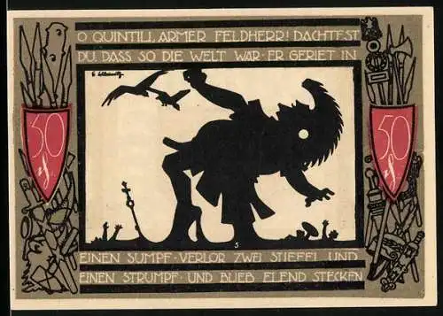 Notgeld Detmold 1920, 50 Pfennig, Wappen, Feldherr Quintilus im Sumpf, Waffen