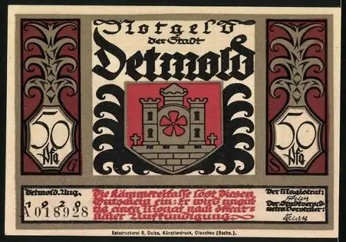 Notgeld Detmold 1920, 50 Pfennig, Wappen, Feldherr Quintilus im Sumpf, Waffen