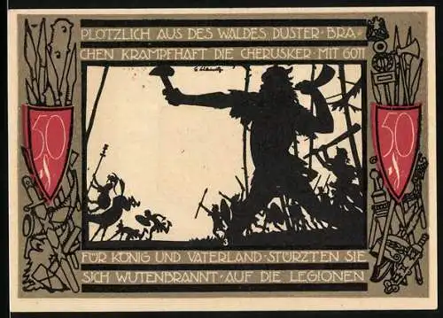 Notgeld Detmold 1920, 50 Pfennig, Wappen, Schlacht im Teutoburger Wald, Waffen