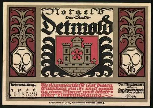 Notgeld Detmold 1920, 50 Pfennig, Wappen, Schlacht im Teutoburger Wald, Waffen