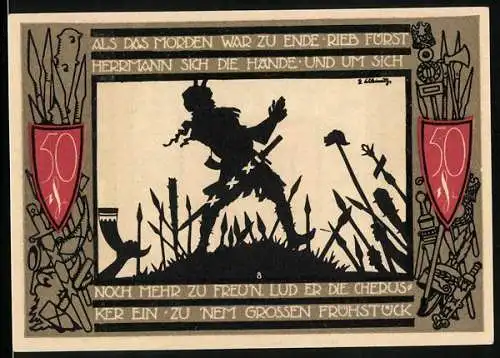 Notgeld Detmold 1920, 50 Pfennig, Hermann im Siegestaumel, Denkmal, Waffen