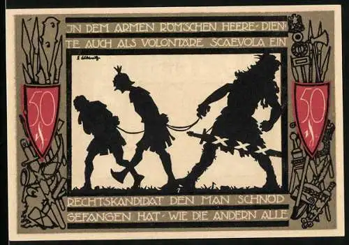 Notgeld Detmold 1920, 50 Pfennig, Wappen, Waffen, Gefangene Römer