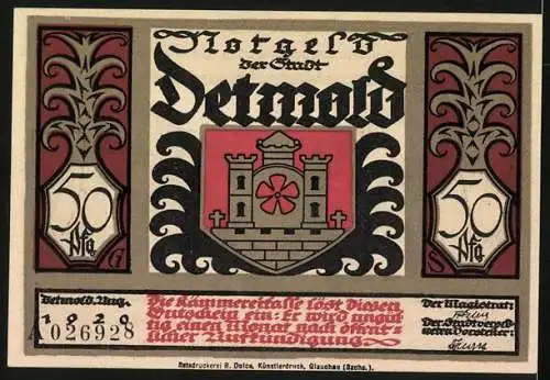 Notgeld Detmold 1920, 50 Pfennig, Wappen, Waffen, Gefangene Römer