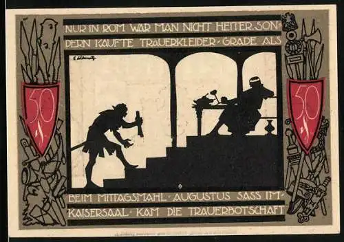 Notgeld Detmold 1920, 50 Pfennig, Wappen, Waffen, Hiobsbotschaft für den römischen Kaiser