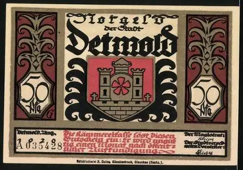 Notgeld Detmold 1920, 50 Pfennig, Wappen, Waffen, Hiobsbotschaft für den römischen Kaiser