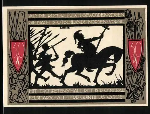 Notgeld Detmold 1920, 50 Pfennig, Wappen, Waffen, Varus beim Zug in den Norden