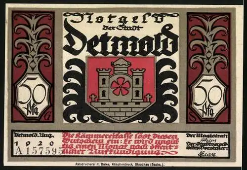 Notgeld Detmold 1920, 50 Pfennig, Wappen, Waffen, Varus beim Zug in den Norden