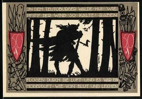 Notgeld Detmold 1920, 50 Pfennig, Wappen, Waffen, Germane im Teutoburger Wald