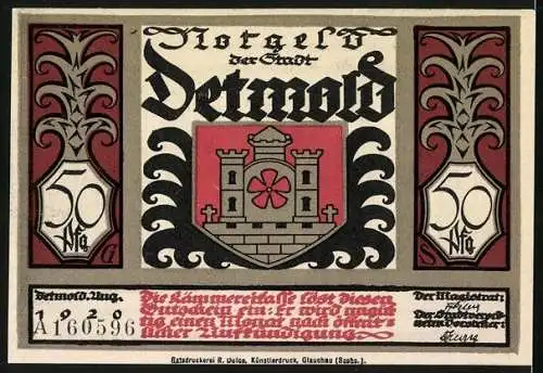 Notgeld Detmold 1920, 50 Pfennig, Wappen, Waffen, Germane im Teutoburger Wald