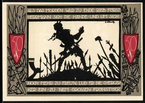 Notgeld Detmold 1920, 50 Pfennig, Wappen, Waffen, Hermann der Cherusker beim Sieg