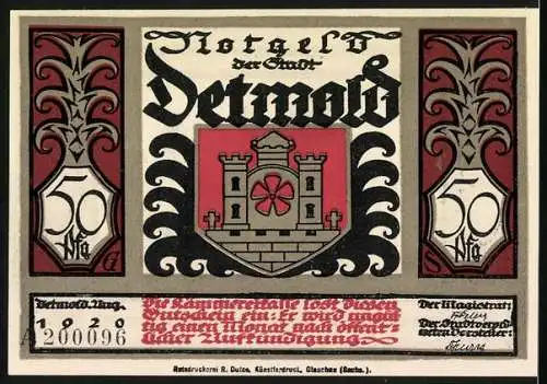 Notgeld Detmold 1920, 50 Pfennig, Wappen, Waffen, Hermann der Cherusker beim Sieg