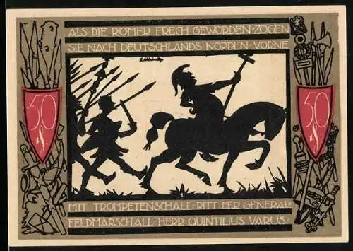 Notgeld Detmold 1920, 50 Pfennig, Wappen, Waffen, Römer beim Zug nach Norden
