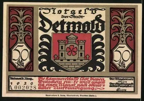 Notgeld Detmold 1920, 50 Pfennig, Wappen, Waffen, Römer beim Zug nach Norden