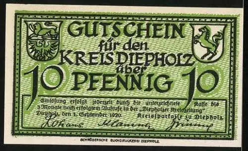 Notgeld Kreis Diepholz 1920, 10 Pfennig, Wappen, Gänse auf einem Feld