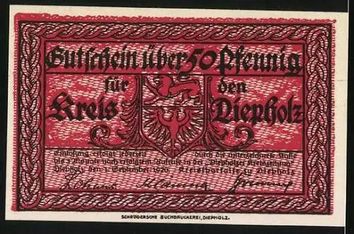 Notgeld Kreis Diepholz 1920, 50 Pfennig, Wappen, Schloss