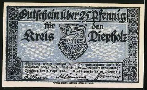 Notgeld Kreis Diepholz 1920, 25 Pfennig, Wappen, Bauernhaus