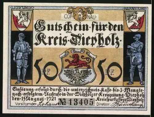 Notgeld Kreis Diepholz 1921, 50 Pfennig, Wappen, Ritter, Lemförde im Jahr 1621