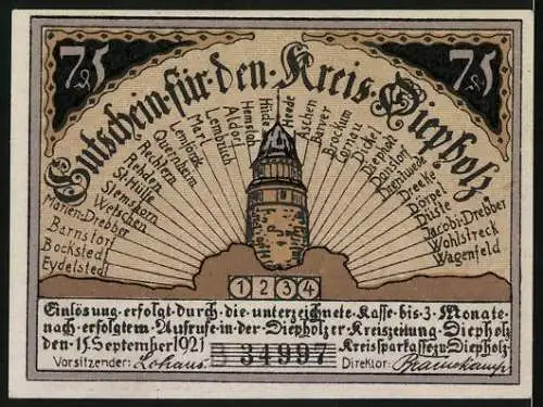 Notgeld Kreis Diepholz 1921, 75 Pfennig, Schloss, Bauer mit flüchtendem Schwein