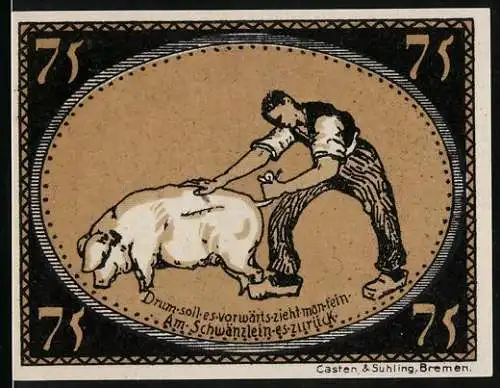 Notgeld Kreis Diepholz 1921, 75 Pfennig, Schloss, Bauer zieht Schwein am Schwanz
