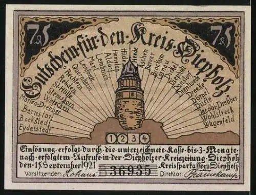 Notgeld Kreis Diepholz 1921, 75 Pfennig, Schloss, Bauer zieht Schwein am Schwanz