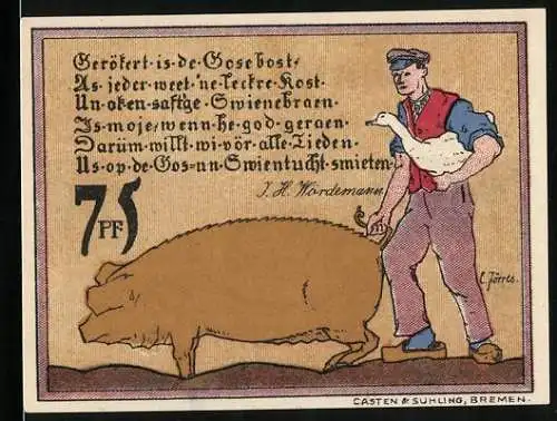 Notgeld Kreis Diepholz 1921, 75 Pfennig, Schloss, Pflügender Bauer, Bauer mit Gans und Schwein