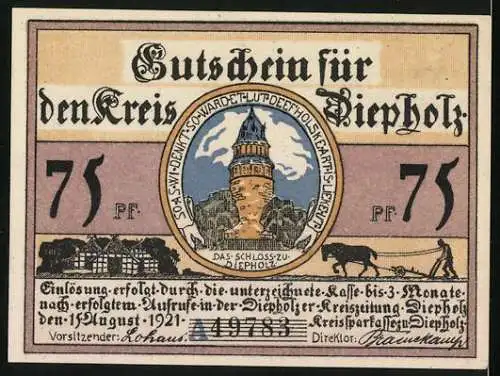 Notgeld Kreis Diepholz 1921, 75 Pfennig, Schloss, Pflügender Bauer, Bauer mit Gans und Schwein