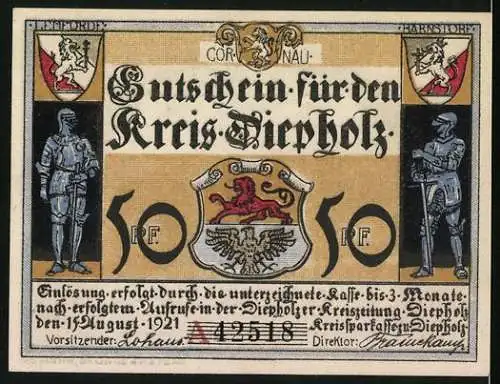 Notgeld Kreis Diepholz 1921, 50 Pfennig, Wappen, Ritter, Lemförde im Jahr 1621