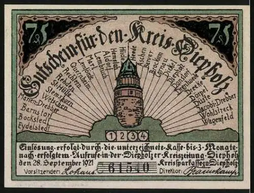 Notgeld Kreis Diepholz 1921, 75 Pfennig, Bauer mit störrischem Schwein, Schloss