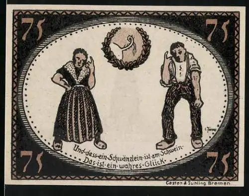 Notgeld Kreis Diepholz 1921, 75 Pfennig, Schloss, Bauernpaar und Schweineschwanz