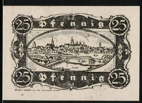 Notgeld Dillingen a. D. 1920, 25 Pfennig, Ortsansicht, Ortspartie mit Tor, Wappen