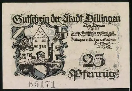 Notgeld Dillingen a. D. 1920, 25 Pfennig, Ortsansicht, Ortspartie mit Tor, Wappen