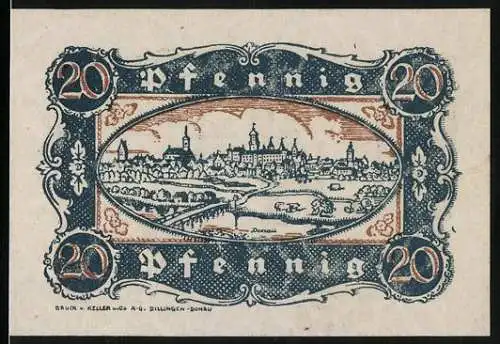 Notgeld Dillingen a. D. 1920, 20 Pfennig, Ortsansicht, Ortspartie mit Tor, Wappen