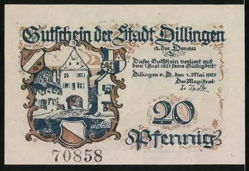 Notgeld Dillingen a. D. 1920, 20 Pfennig, Ortsansicht, Ortspartie mit Tor, Wappen